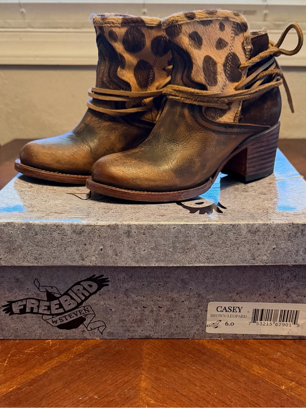 freebird Brown Leather Ankle Boots with Leopard Haircalf Cuff